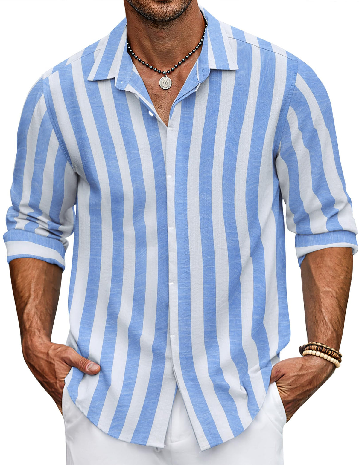COOFANDY Men's Blue Stripe Casual Long Sleeve Shirt Striped Shirt Button Up Colored Untucked Shirts