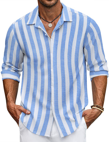 COOFANDY Men's Blue Stripe Casual Long Sleeve Shirt Striped Shirt Button Up Colored Untucked Shirts