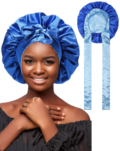 Satin Bonnet Silk Hair Bonnets for Women Curly Hair Wrap for Sleeping Cap Reversible Bonnet with Tie Band Night Cap Double Layer Sleep Cap for Curly Hair (Reversible Satin Bonnet (Blue)