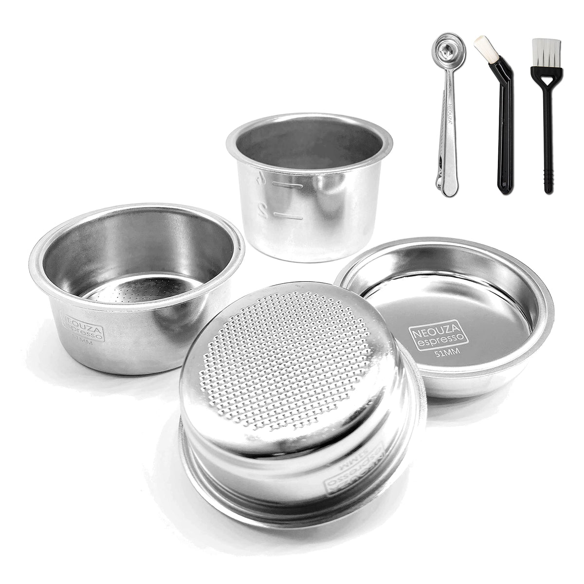 NEOUZA 51mm Stainless Steel Filter Basket 1/2/4 Cup for Espresso Bottomless Portafilter,compatible with Delonghi,Yabano,Breville 51mm Coffee Machine.Gift: Blind Filter and Scoop Clip