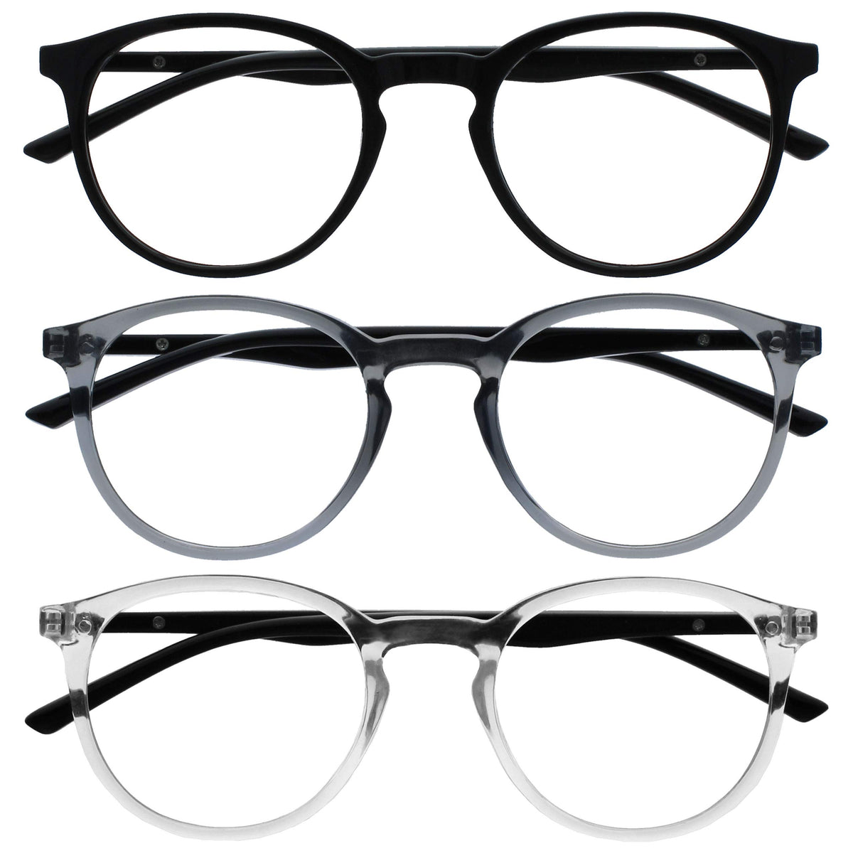 OPULIZE Met Reading Glasses 3 Pack Slim Round Frame Scratch Resistant Spring Hinges Black Grey Transparent Mens Womens RRR60-17C +2.50