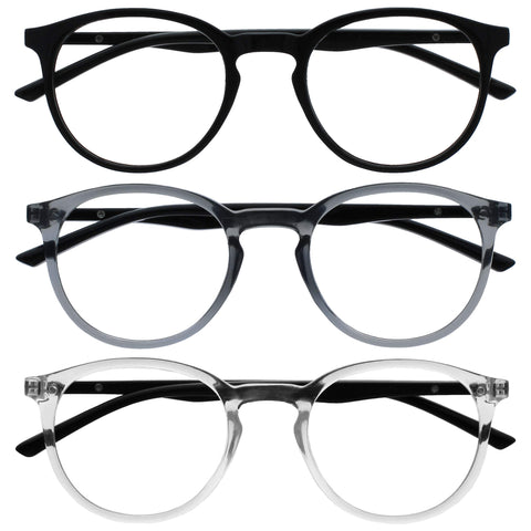 OPULIZE Met Reading Glasses 3 Pack Slim Round Frame Scratch Resistant Spring Hinges Black Grey Transparent Mens Womens RRR60-17C +2.50