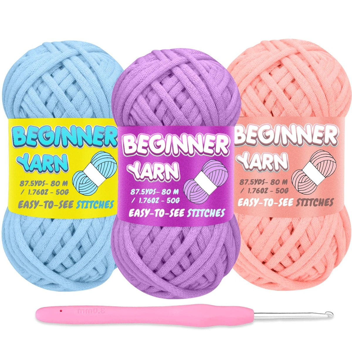 3 Pack Beginners Crochet Yarn, Blue Purple Light Pink Yarn for Crocheting Knitting Beginners, Easy-to-See Stitches, Chunky Thick Bulky Cotton Soft Yarn for Crocheting (3x50g)