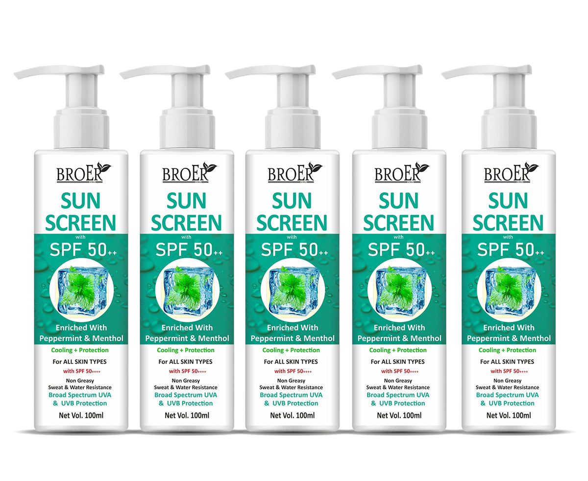 BROER Naturals SPF 50 Sunscreen Lotion ICY Freshness | Enriched with Menthol & Peppermint | Uva & Uvb Protection | Water Resistance - (pack of 5) 500ml