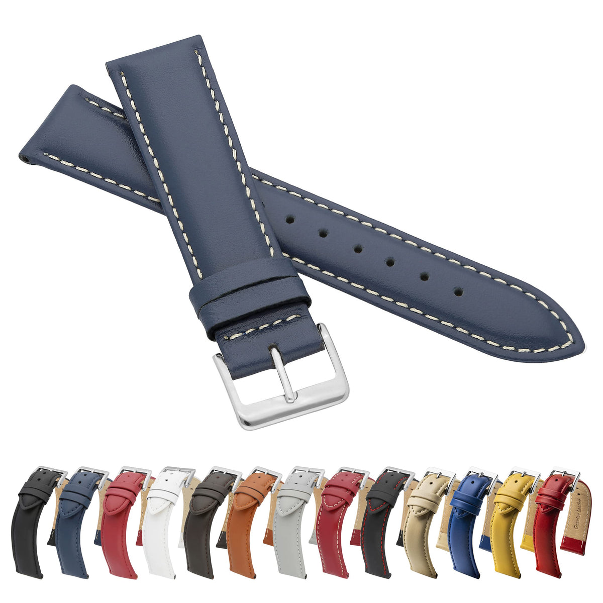 MARCHEL smooth leather LLB35 22 mm blue-white leather strap genuine leather watch strap cowhide fine leather watch band