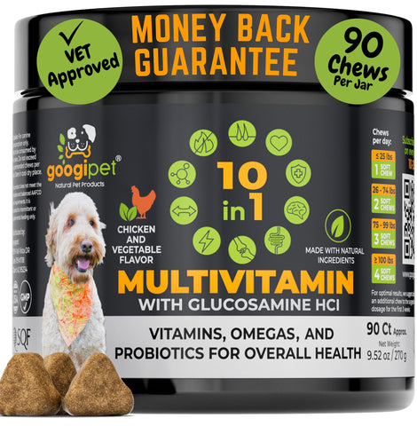 Googipet 10 in 1 Dog Multivitamin Chewable with Dog Probiotics for Gut Health, Dog Vitamins and Supplements with MSM & Glucosamine for Dogs Hip & Joint Support - Omega 3 Krill Oil for Skin & Coat