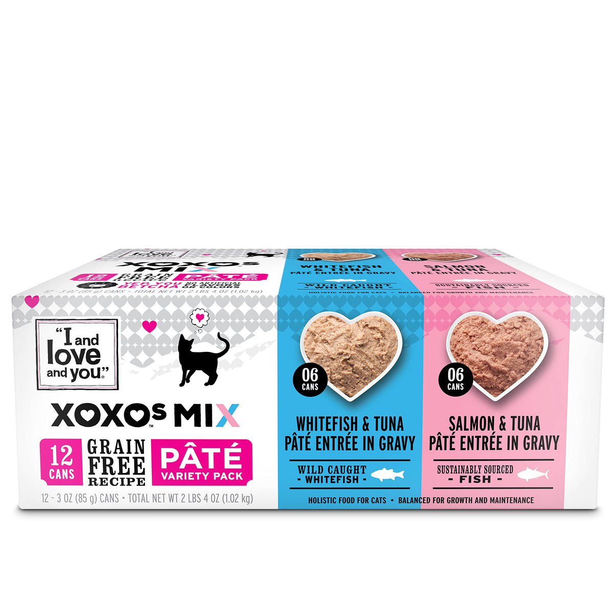 I AND LOVE AND YOU" XOXOs Canned Wet Cat Food, Whitefish and Tuna/Salmon and Tuna Pate, Grain Free, Real Meat, No Fillers, 3 oz Cans, Pack of 12 Cans