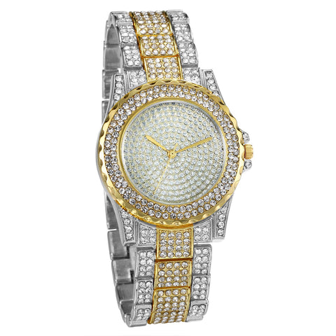 JewelryWe Men Women Watches Stylish Rhinestone Round Quartz Watch Gold Plated Stainless Steel Wristwatch