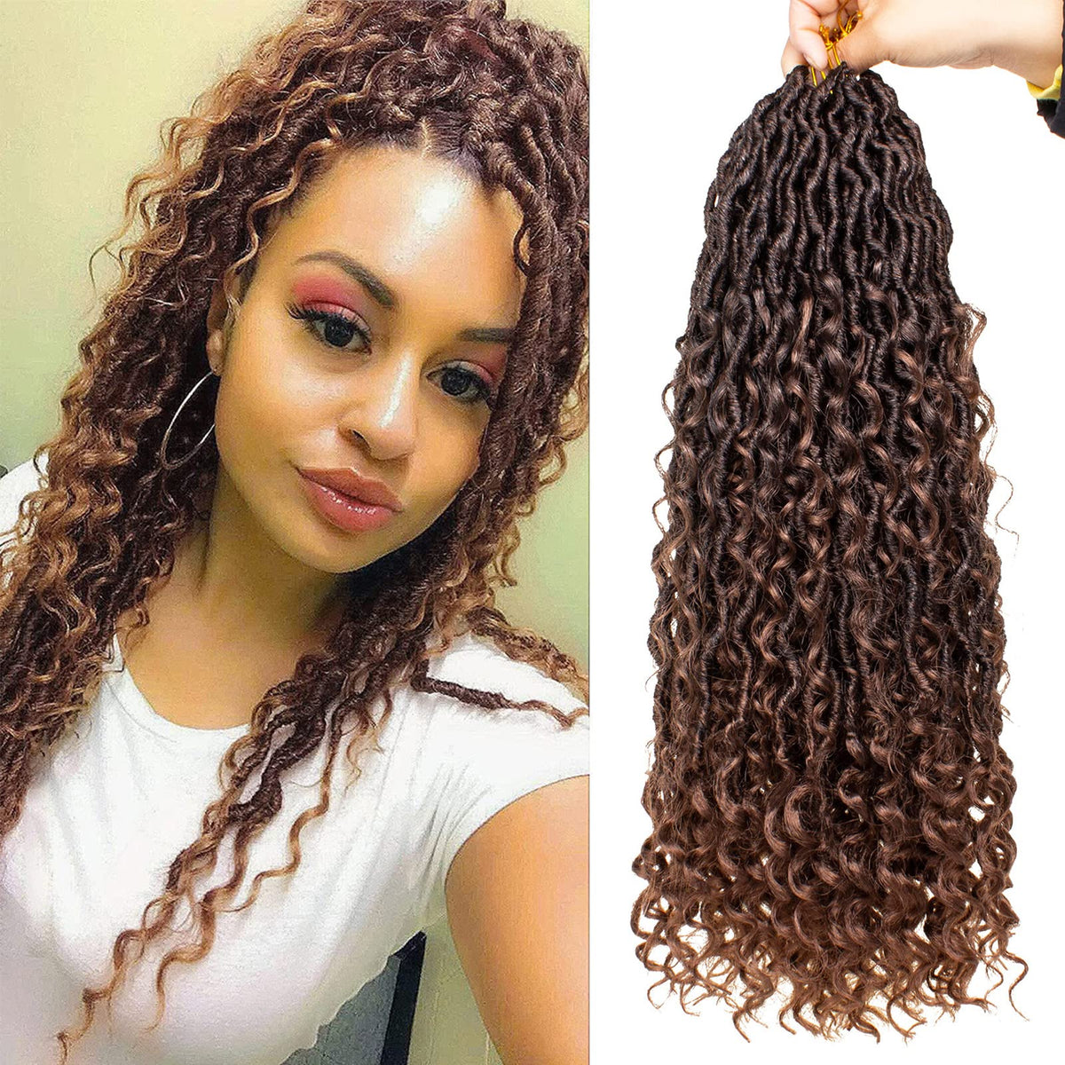 ZRQ 8 Packs Goddess Locs Crochet Hair 18 Inch Boho Faux Locs Croceht Braids Synthetic Hair, Pre Looped Bohemian Locs Ombre Soft Locs With Curly Ends Hair Extension T30#