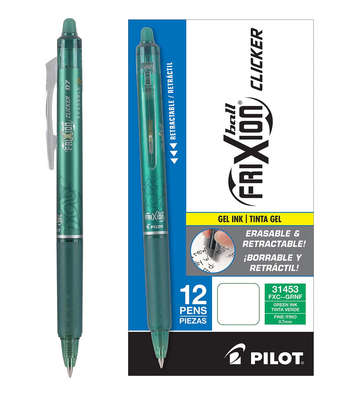 Pilot, FriXion Clicker Erasable Gel Pens, Fine Point 0.7 mm, Pack of 12, Green