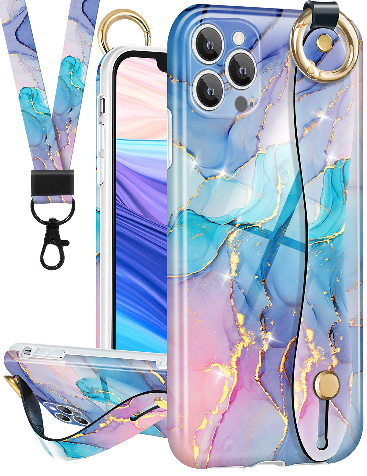 LISEVO (2in1 Blue Marble Case with Strap for iPhone 13 Pro Max 6.7 Inch Cute Aesthetic Marble Design Girly Women Case Hand Strap Girl Handle Finger Phone Case+Lanyard for iPhone 13 Pro Max