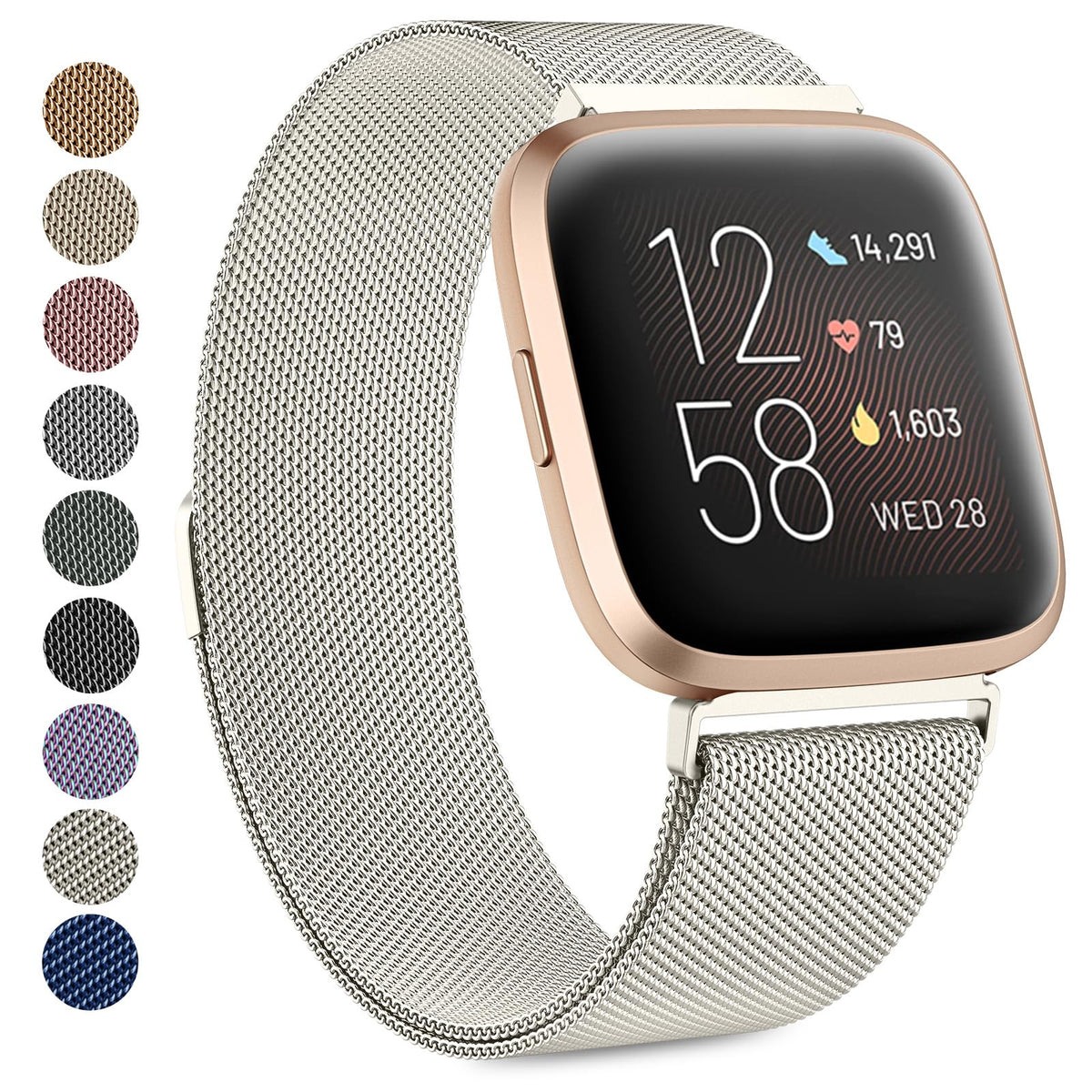 Strap compatible with Fitbit Versa Strap/Fitbit Versa 2 Straps for Women Men, Breathable Stainless Steel Mesh Loop Adjustable Wristband Replacement Metal Strap (Starlight, Large)