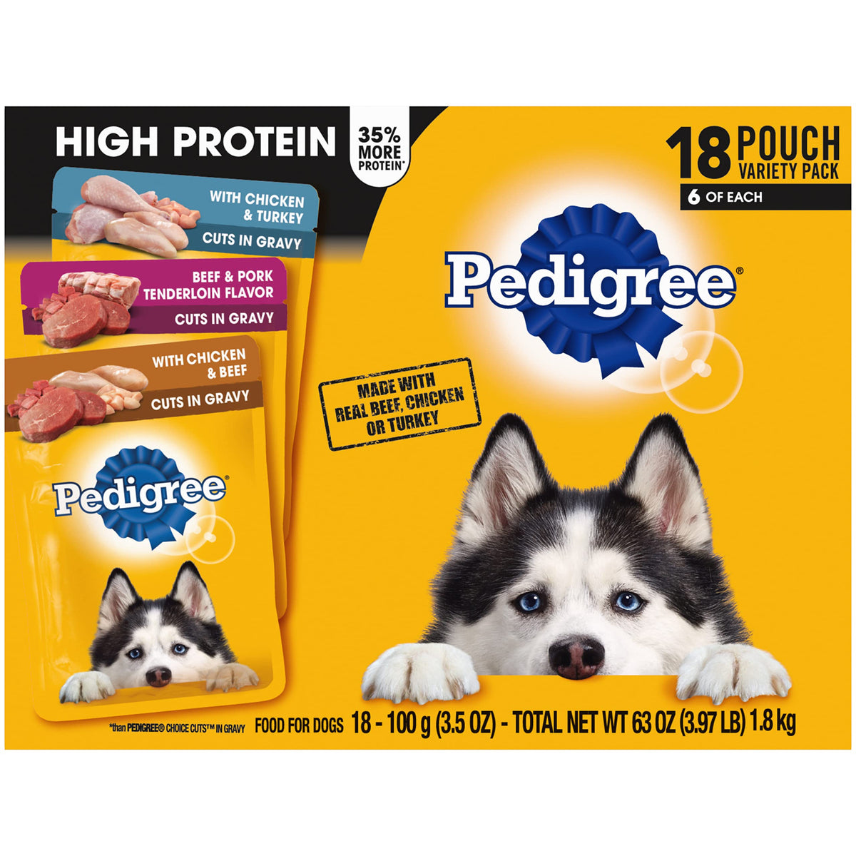 Pedigree High Protein Wet Dog Food Pouches, Variety Pack, 3.5 oz. Pouches,(Pack of 18)