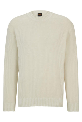 BOSS Mens Korduroy Crew-Neck Sweater in Ribbed Cotton White