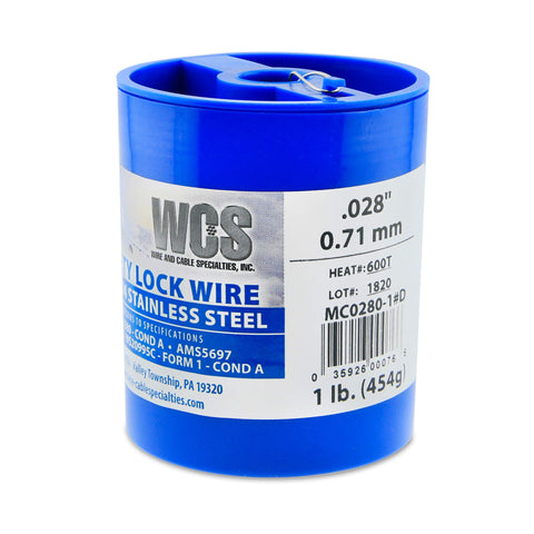 Lock Wire, T302/304 Stainless, NASM20995, MS20995C, ASTM A580 Cond A, AMS5697, 028 in (0.71 mm), 1 lb (0.45 kg) Dispenser Can, Approx. 474 ft (144 m)