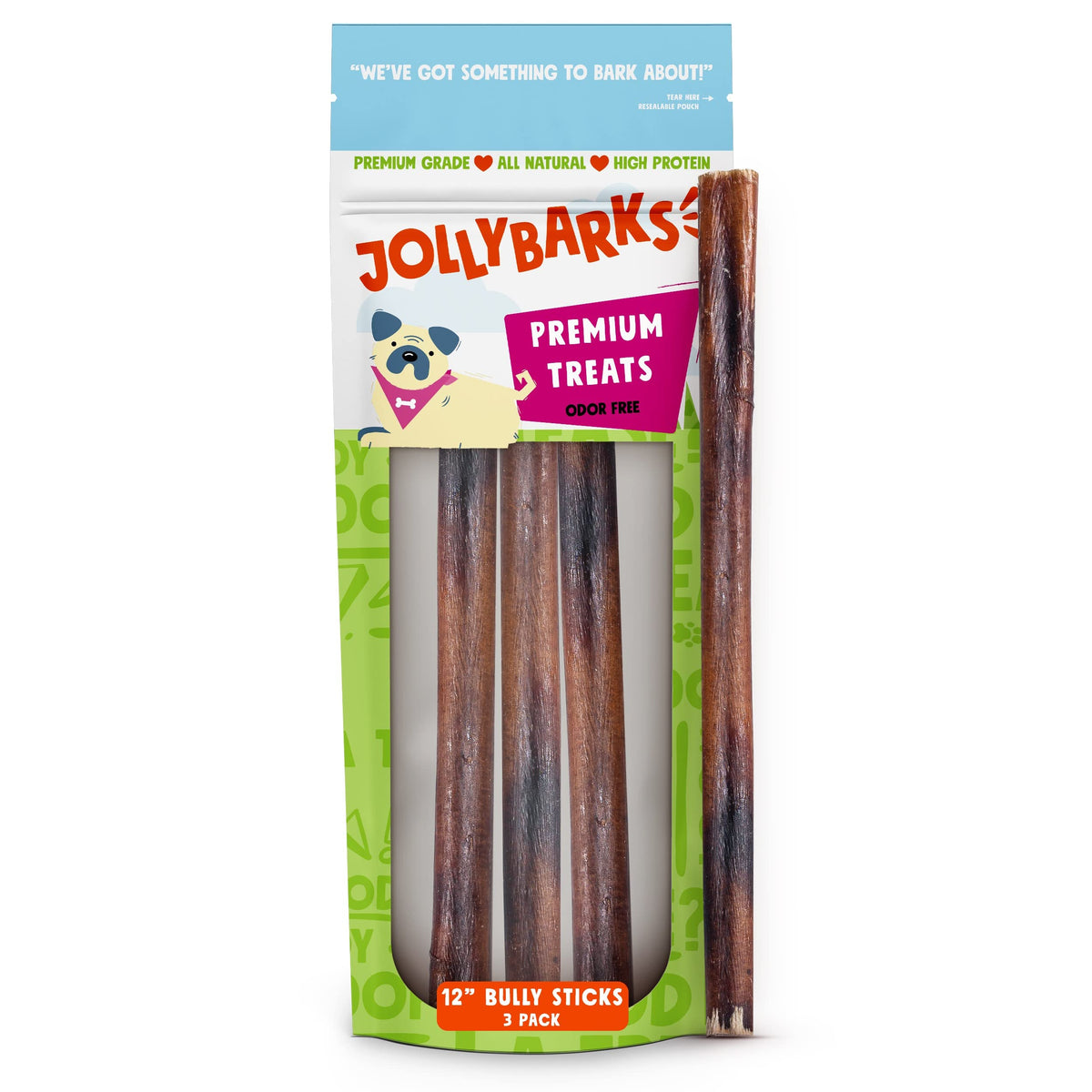 Jolly Barks 12 Inch Bully Sticks for Large Dogs | Odor Free Pizzle Sticks for Dogs | All Natural, High Protein (12 Inch 3 Pack)