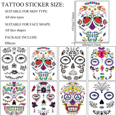 Day of The Dead Temporary Face Tattoos 8 Halloween Sheets Sugar Skull Stickers for Women Men Adults Black Skeleton Glitter Mexican Halloween Masquerade and Parties Decor Supplies
