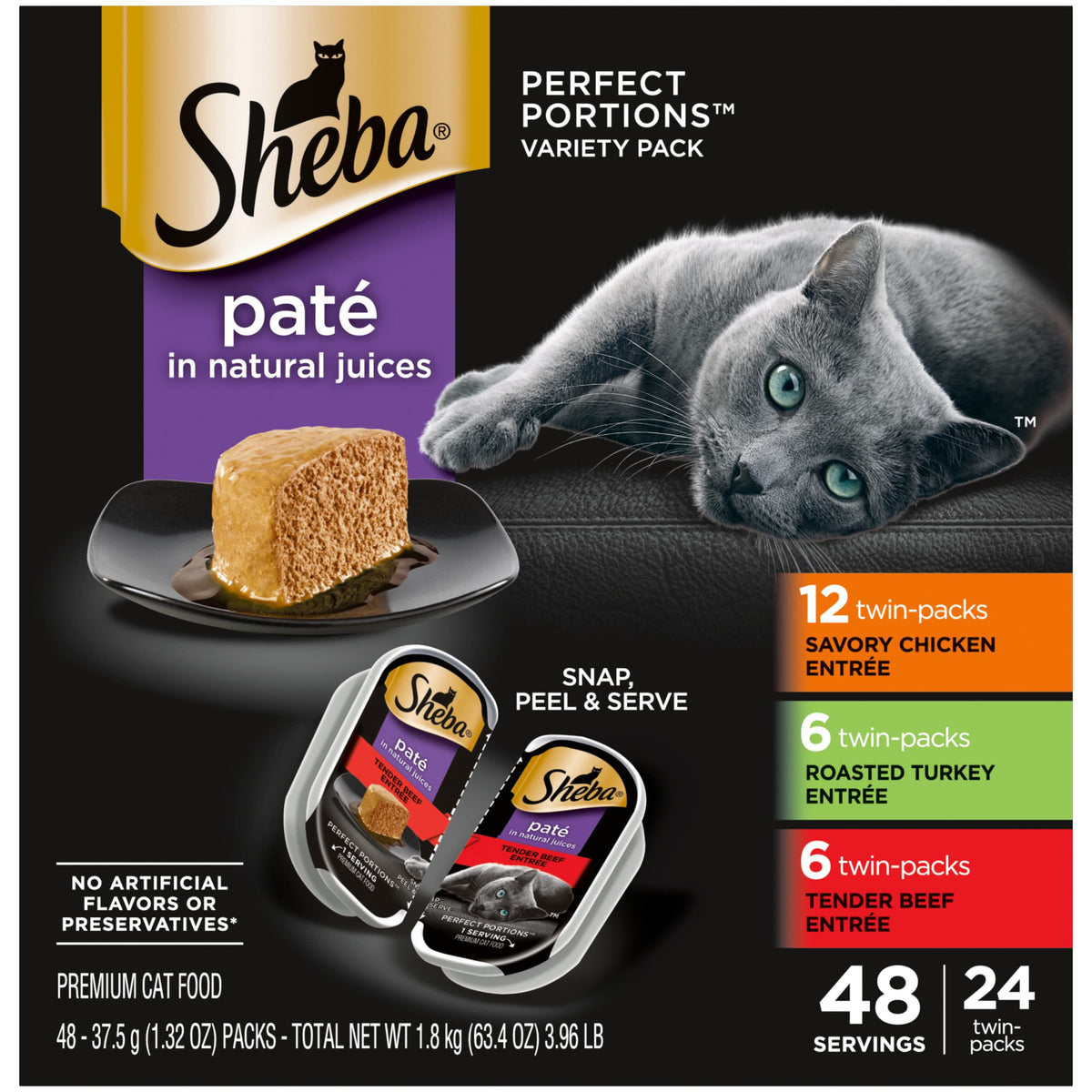 SHEBA PERFECT PORTIONS PatÃƒÆ’Ã†â€™Ãƒâ€ Ã¢â‚¬â„¢ÃƒÆ’Ã¢â‚¬Å¡Ãƒâ€šÃ‚Â© Adult Wet Cat Food Trays (24 Count, 48 Servings), Savory Chicken, Roasted Turkey, and Tender Beef EntrÃƒÆ’Ã†â€™Ãƒâ€ Ã¢â‚¬â„¢ÃƒÆ’Ã¢â‚¬Å¡Ãƒâ€šÃ‚Â©e, Easy Peel Twin-Pack Trays