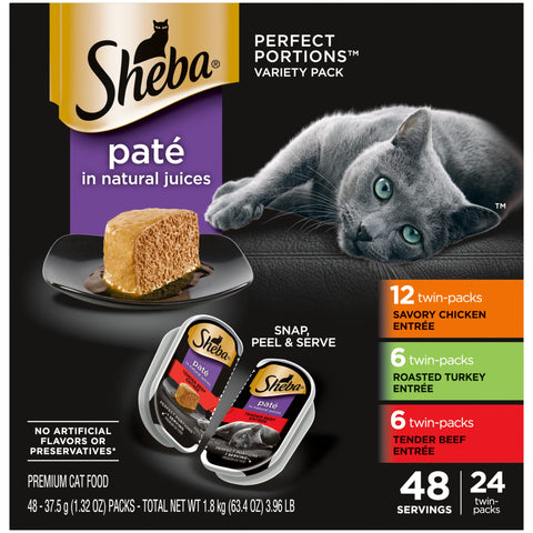 SHEBA PERFECT PORTIONS PatÃƒÆ’Ã†â€™Ãƒâ€ Ã¢â‚¬â„¢ÃƒÆ’Ã¢â‚¬Å¡Ãƒâ€šÃ‚Â© Adult Wet Cat Food Trays (24 Count, 48 Servings), Savory Chicken, Roasted Turkey, and Tender Beef EntrÃƒÆ’Ã†â€™Ãƒâ€ Ã¢â‚¬â„¢ÃƒÆ’Ã¢â‚¬Å¡Ãƒâ€šÃ‚Â©e, Easy Peel Twin-Pack Trays