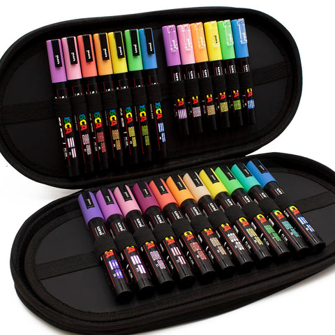 Posca Water Based Permanent Marker Paint Pen - PC-1M / PC-3M / PC-5M Nibs - Multi Surface Use - Display Gift Case of 24 Pens (Pastel Set)