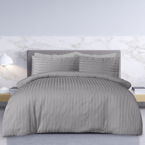 Sleepdown Premium Hotel Quality 100 Pour cent Cotton Satin Stripe Duvet Cover Set with Pillowcases Quilt Bedding Soft Easy Care Luxury Bed Linen - Grey - Super King (260cm x 220cm)