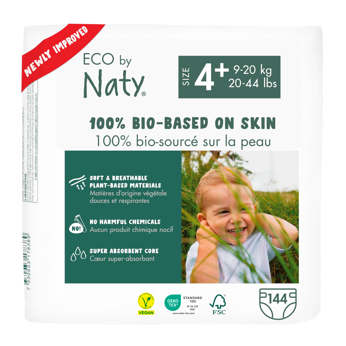 Eco by Naty Eco-Friendly Baby Nappies - 100% Plant-Based Materials on Skin, Soft, for Sensitive Skin & Super Absorbent (Size 4+, 144 Count)