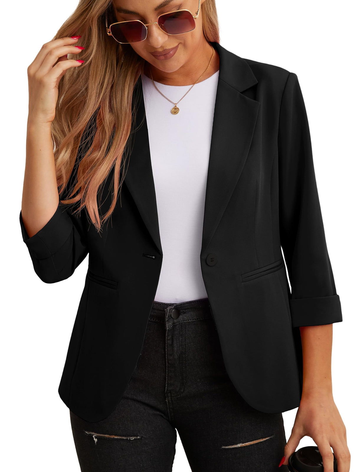 GRECERELLE Women's Blazer Suit Elegant 3/4 Sleeve Jackets Business Casual Work Office Blazer Jacket Suiting & Blazers Cardigans with Pockets Button for Ladies (Black, 12)