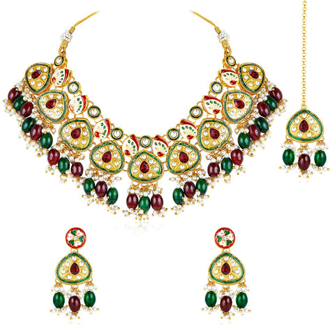 Aheli Silver Plated Green Maroon Kundan & Beads Studded Choker Necklace Dangle Earrings & Maangtikka Set Ethnic Jewellery Gift for Women