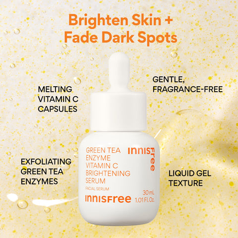 innisfree Green Tea Enzyme Vitamin C Brightening Serum for Dark Spot Fading, Korean Face Serum for Glow