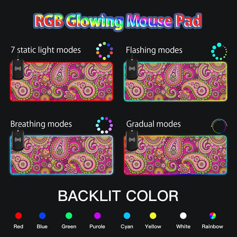 Asian Style Boho Wireless Charging Mouse Pad for Mobile Phone Extra Large Gaming Mousepad with 13 Lighting Modes Computer Mat for Gaming MacBook PC Laptop Desk Office Home