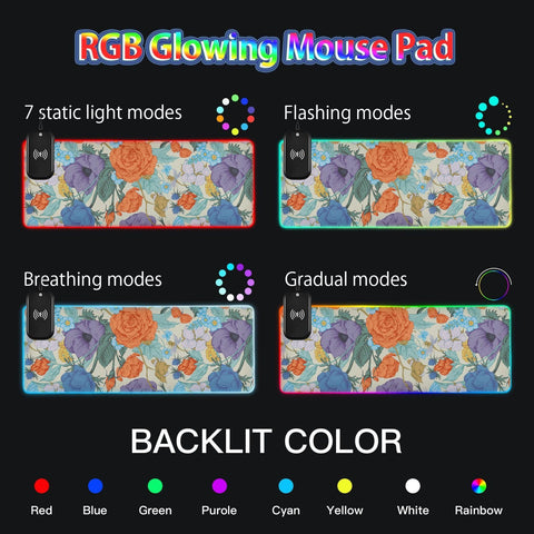 Flower Birds Leaves Vintage Wireless Charging Mouse Pad for Mobile Phone Extra Large Gaming Mousepad with 13 Lighting Modes Mouse Mat for Gaming MacBook PC Laptop Desk Office Home