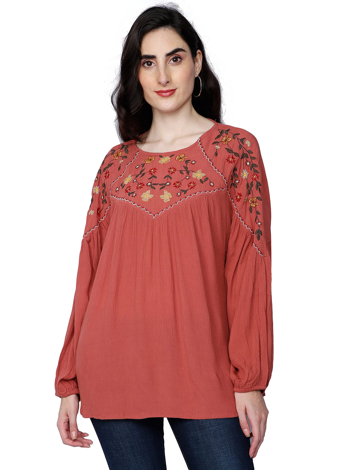 GLORYBOYZ Women's Yoke Embroidered Serene Bohemian Style Elastic Cuff Soft Viscose Blouse Top (Brick Red, Small)