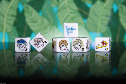 USAOPOLY The Golden Girls Dice Set | Collectible d6 Dice Featuring Characters & References - The Golden Girls Logo, Rose, Sophia, Blanche, Dorothy, and Cheesecake | Officially Licensed 6-Sided Dice