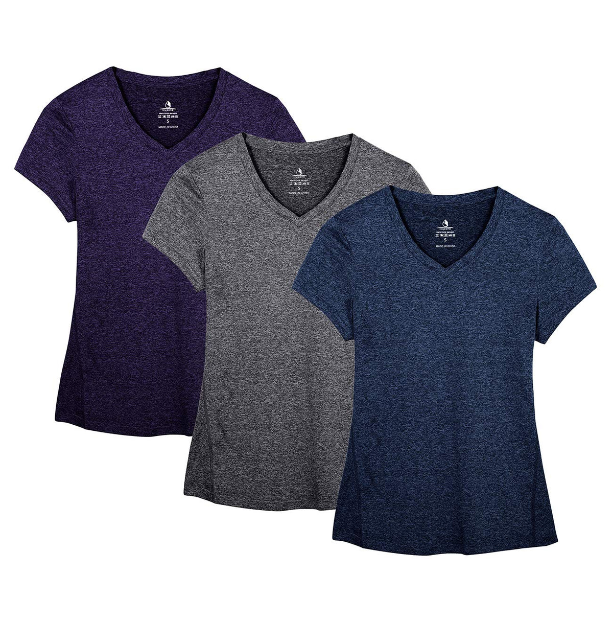 icyzone Women's Workout Running T-Shirt Yoga Fitness V-Neck Short-Sleeve Tops Sports Shirt, 3 Pack (XXL, Royal Blue/Purple/Charcoal)