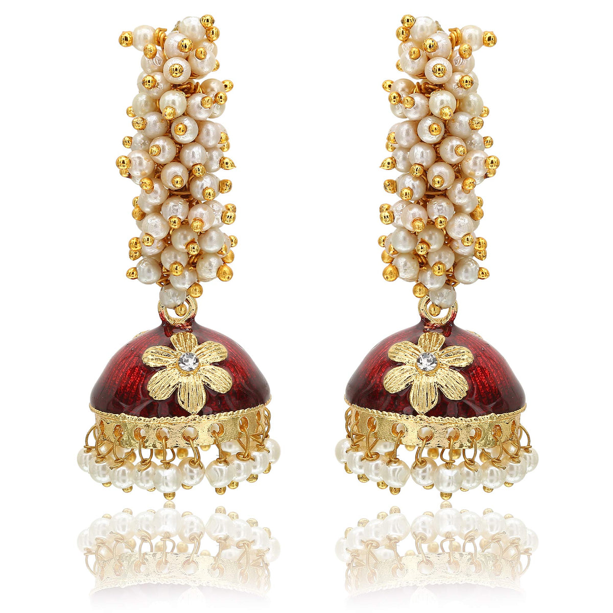 Moonstruck Golden Meenakari Jhumkas With White Pearls For Women (Green) (Maroon)