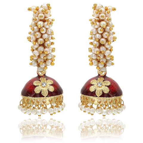 Moonstruck Golden Meenakari Jhumkas With White Pearls For Women (Green) (Maroon)