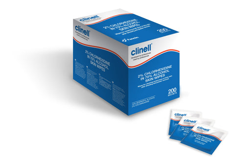 Clinell Alcohol Skin Wipes - Pack of 200 Wipes - 2% Chlorhexidine, 70% Alcohol Wipes - Skin Wipes Designed for Using in Hospitals, Latex Free & Dermatologically Tested - Individually Wrapped