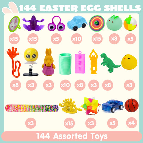 JOYIN 144 PCS Prefilled Easter Eggs with Assorted Toys for Easter Egg Hunt, Party Favors, Easter Basket Stuffers, Easter Classroom Prize Supplies
