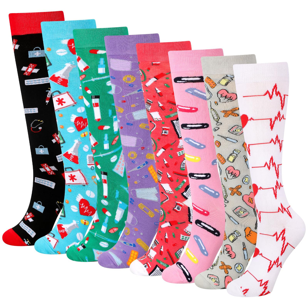 Toulite 8 Pairs Nursing Compression Socks Nurse Gifts for Women Girls Knee High Calf Nurses Socks Nurse Accessories for Support Athletics Travel Running, 8 Styles