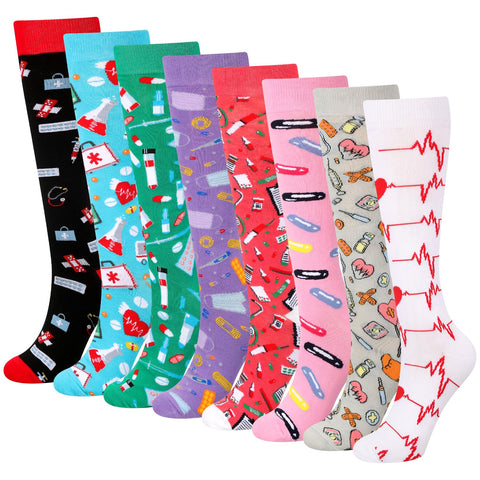 Toulite 8 Pairs Nursing Compression Socks Nurse Gifts for Women Girls Knee High Calf Nurses Socks Nurse Accessories for Support Athletics Travel Running, 8 Styles
