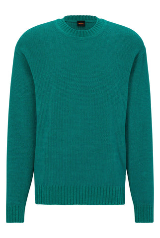 BOSS Mens Korduroy Crew-Neck Sweater in Ribbed Cotton Green