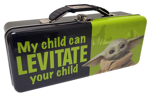 The Tin Box Company "The Child/Grogu Pencil Box, Model Number: 349407-12. Great for holding all sorts of school supplies. Made of tin plate steel. Fits great in backpacks and desksl
