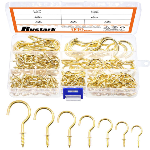Rustark 125Pcs Gold Screw-in Cup Hooks Kit, 7 Sizes Ceiling Small Hooks for Hanging Outdoor or Indoor Use (1/2â€ 5/8â€ 3/4â€ 7/8â€ 1" 1-1/4â€ 1-1/2â€)(Gold)
