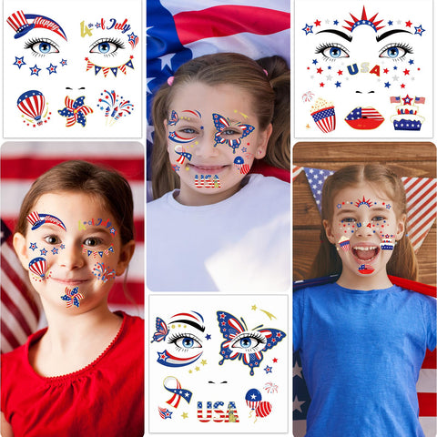 HOWAF 9 Sheets 4th of July Glitter Face Tattoos, Independence Day Face Art Temporary Tattoo for USA Patriotic Parades Celebrations, Red White Blue Face Tattoos Stickers for July Fourth Supplies