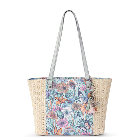 Sakroots Meadow Synthetic Straw from Recycled Materials, Uncoated Cotton Canvas Tote, Aqua in Bloom
