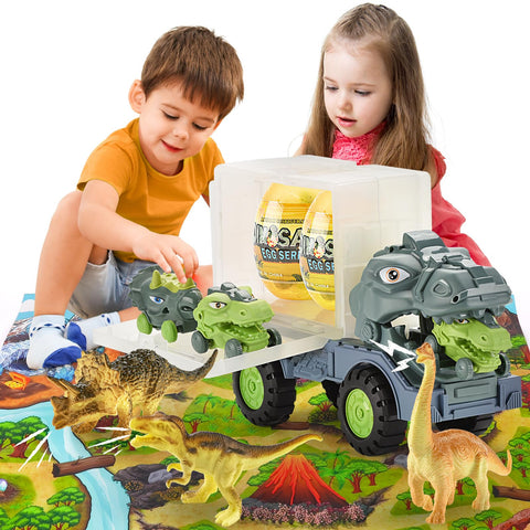 VATOS Dinosaur Truck Toy for Kids 3-7 Years, Tyrannosaurus Rex Transport Toys Set with Dinosaur cart, Dinosaur Eggs, Volcanic Eruption Activity Play Mat, Best Dinasour Toys for Boys 3+ Years Old