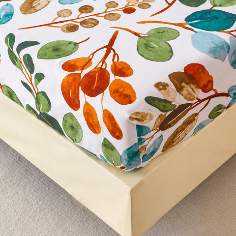 Jemiipee King Fitted Sheet Green Tropical Leaves Pattern, 30 cm Deep Pocket, Soft Microfiber Botanical Fitted Bed Sheets