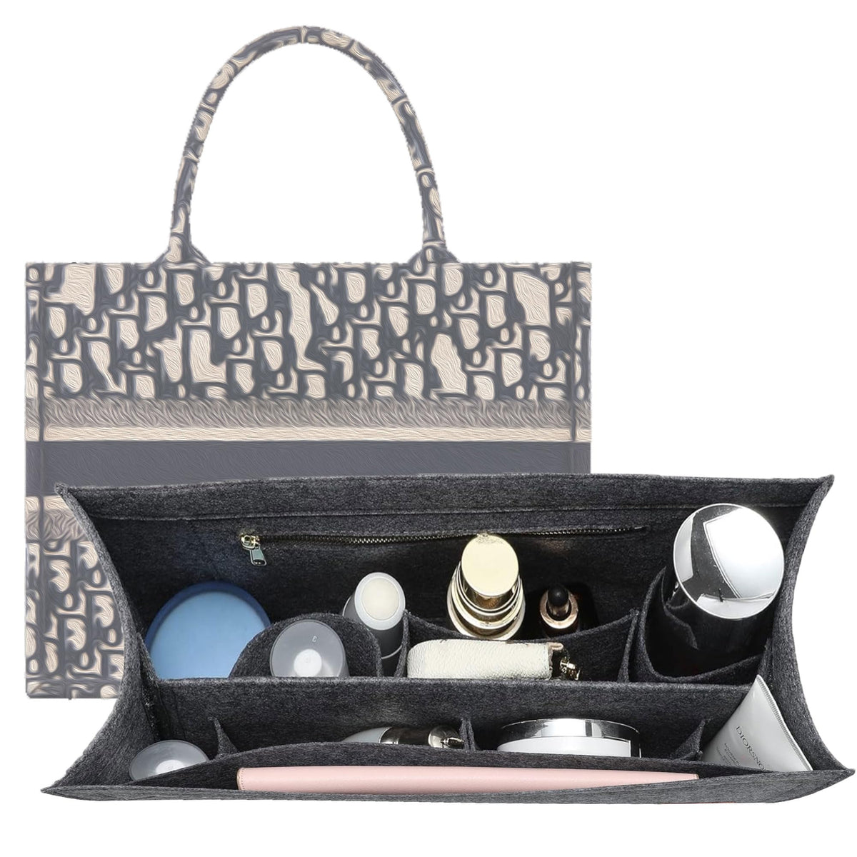 KESOIL Bag Organizer Insert,Tote Bag Insert For Dior Book Tote Bag Large Size,Bag Insert Organizer,Handbag Storage,Tote Bag Felt Insert with Zipper Bag(Grey?XL)