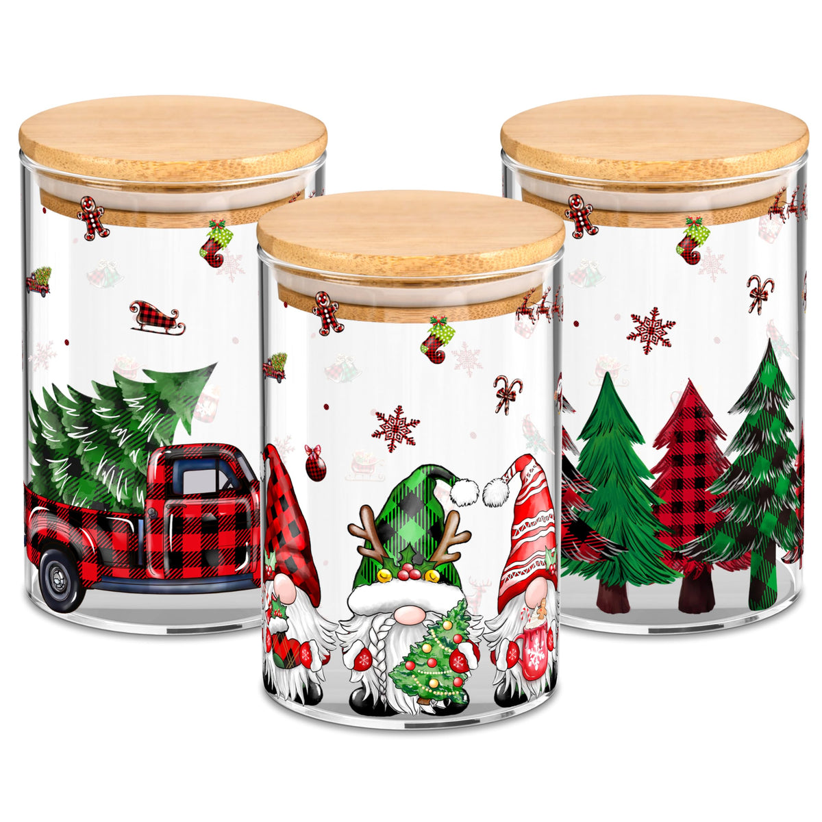 3 Pack Christmas Glass Storage Jars With Airtight Bamboo Lid Gnome Red Truck Canister Sets for Christmas Kitchen Countertop Decor Christmas Cookie Jars Candy Containers