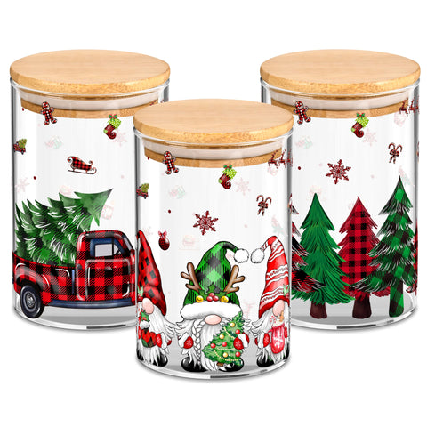 3 Pack Christmas Glass Storage Jars With Airtight Bamboo Lid Gnome Red Truck Canister Sets for Christmas Kitchen Countertop Decor Christmas Cookie Jars Candy Containers